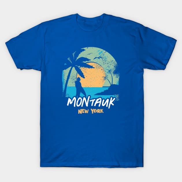 Retro Sunset Montauk New York Surfing // Retro Surfer Beach T-Shirt by Now Boarding